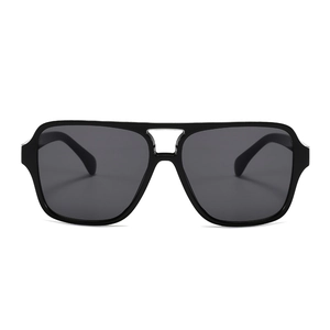 Modern double bridge square sunglasses in black with dark gray lenses and UV protection
