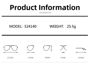 Detailed size guide for S24140 sunglasses showing lens width and frame weight specs