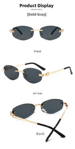Three-angle views of rimless sunglasses with gold leopard head detail and grey lenses