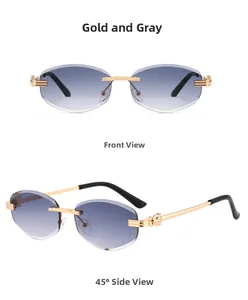Detail of rimless sunglasses with gold panther head temple and gradient lenses