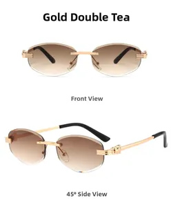 Detail of gradient tea lenses and golden leopard head motif on rimless sunglasses