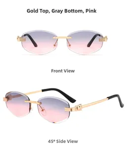 Detail of rimless sunglasses with leopard head metal hinge and gray pink gradient lenses