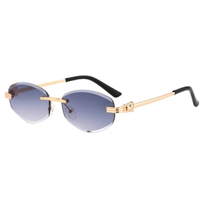 Frameless purple gradient sunglasses with golden metal leopard head detail on temple