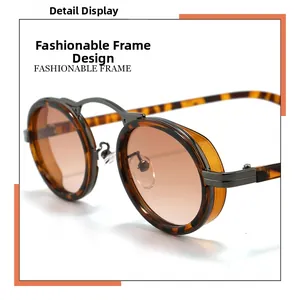 Steampunk oval sunglasses with tortoiseshell frames and side shield protective detail