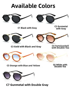 Steampunk oval sunglasses detail showing seven vintage metal frame color variants