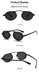Steampunk oval sunglasses shown from front, side and back angles on white background