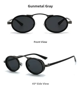 Steampunk gunmetal oval sunglasses showing front and 45-degree side view structural details