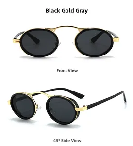 Front and 45-degree side views of black and gold steampunk oval frame sunglasses