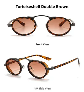 Front and side view of steampunk tortoise shell sunglasses with metal double bridge
