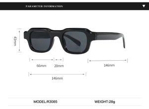 Detailed size specifications for square retro sunglasses R3085 with dimensions