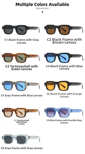 Detailed grid showing nine different color frame and lens options for square sunglasses