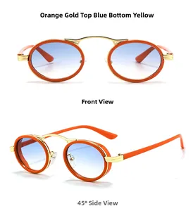 Front and 45-degree side views of retro steampunk sunglasses with orange frames