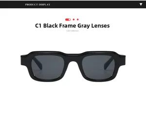 Detail of square vintage sunglasses with thick black frame and grey lenses in C1 color