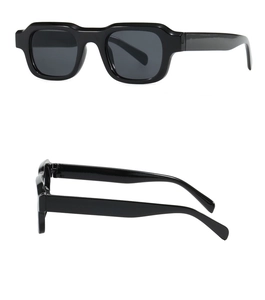 Detailed views showing the thick black retro frame and side profile of the square sunglasses