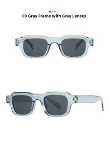 Detail view of square dark grey frames with charcoal lenses and wide temple arms