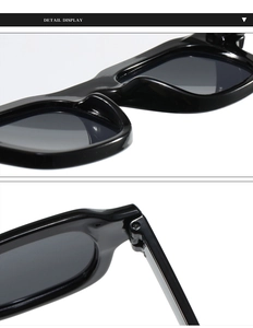 Macro detail of high-gloss black square sunglasses frame and durable metal hinges