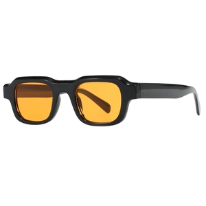 Retro square sunglasses with thick black frames and orange tinted lenses for street style