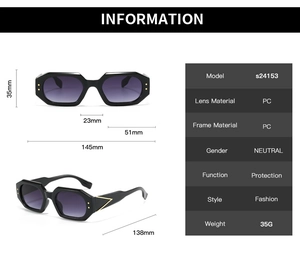 Detailed view of polygon sunglasses with gold V-metal decor and technical specifications
