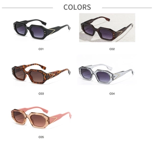 Detailed collage of retro hexagonal sunglasses in five stylish colors with gold V accents