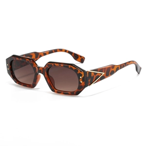 Polygon tortoise shell sunglasses with brown lenses and golden V metal decoration