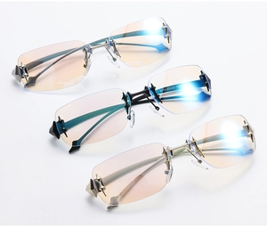 Détail de lunettes Y2K sans monture montrant les charnières étoile et verres dégradés