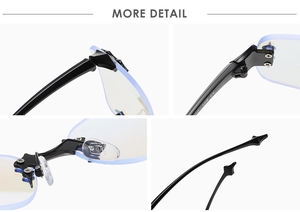 Détails de lunettes de soleil sans monture avec charnières et embouts de branches en étoile