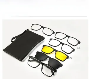 Detailed set of TR90 magnetic frame glasses with five clip-on lenses and storage pouch