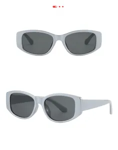 Detail view of silver matte square sunglasses with dark grey lenses from multiple angles