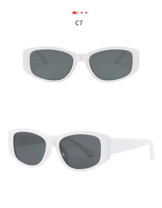 Front and 45-degree side view of white retro square cat-eye sunglasses with dark lenses