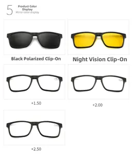 Detail view of TR90 magnetic clip-on lenses including polarized, night vision, and reading lenses