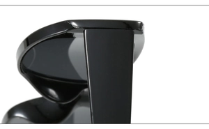 Detailed macro view of the polished black square cat-eye frame hinge and temple joint