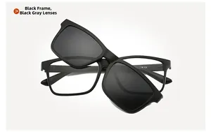 Detail of square TR90 magnetic frame with dark gray polarized clip-on sunglasses lens