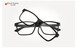Close-up of black TR90 frames with +2.50 magnification lenses for reading and vision