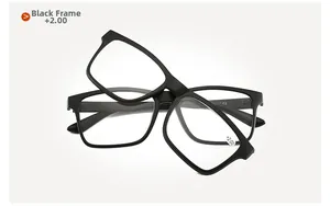 Detail view of TR90 magnetic glasses frame with +2.00 strength sticker and model C2 engraving