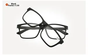 Detail view of two black TR90 frames with +1.50 magnification reading lenses