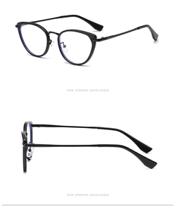 Détail de la monture de lunettes œil-de-chat noire en métal avec filtre lumière bleue