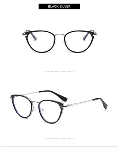 Vues détaillées des lunettes œil-de-chat noir et argent avec branches en métal