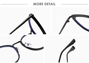 Détails macro des charnières, plaquettes et liseré bleu sur lunettes œil de chat