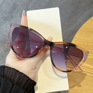 Detail einer Retro-Cateye-Sonnenbrille mit Schildpatt- und violettem Harzrahmen