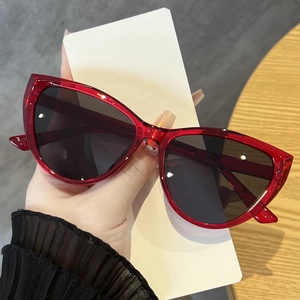 Nahaufnahme der roten Cat-Eye-Sonnenbrille mit transparentem Rahmen und Gläsern