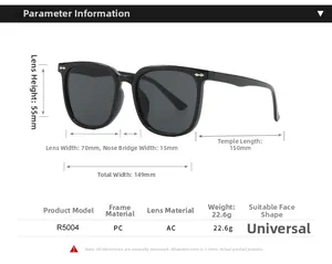 Detailed dimension chart of black oversized square sunglasses with PC frame measurements