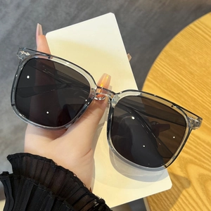 Detailed shot of transparent gray square sunglasses frame with silver arrow metal accent