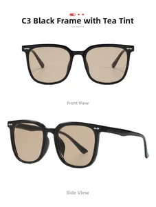 Front and side views of large black frame sunglasses with tea lenses and silver accents