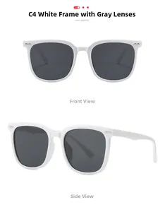 Detail view of white square frame sunglasses with grey lenses and silver metal arrow accents