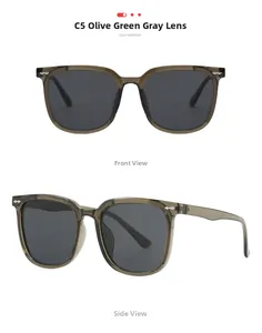 Detailed front and side views of olive green translucent square sunglasses with grey lenses