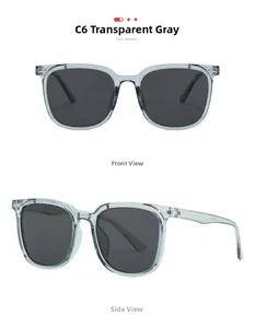 Front and side views of oversized transparent grey square sunglasses with dark lenses