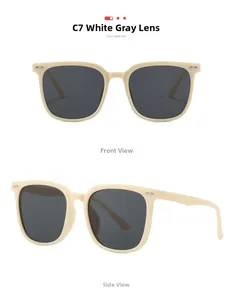 Front and side view of cream square sunglasses with grey lenses and silver arrow detail