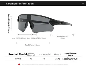 Dimensions détaillées des lunettes de cyclisme R5012 pour toutes les formes de visage