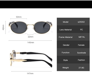 Détails de lunettes de soleil ovales avec monture en métal doré et spécifications de taille
