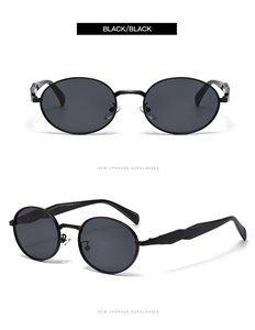 Détail de lunettes de soleil ovales noires avec branches géométriques et verres élégants
